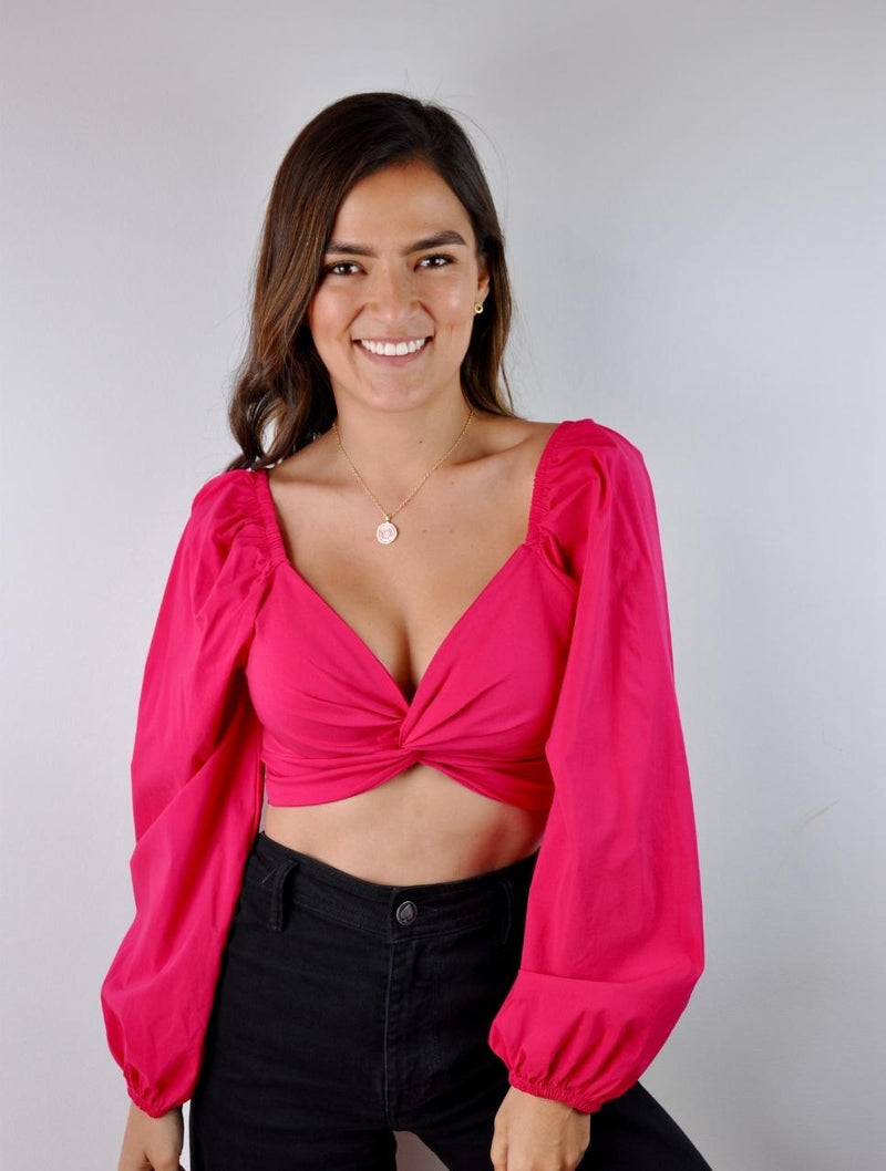 Crop Top Escote en V Entorchado Manga Larga - Mali Fucsia