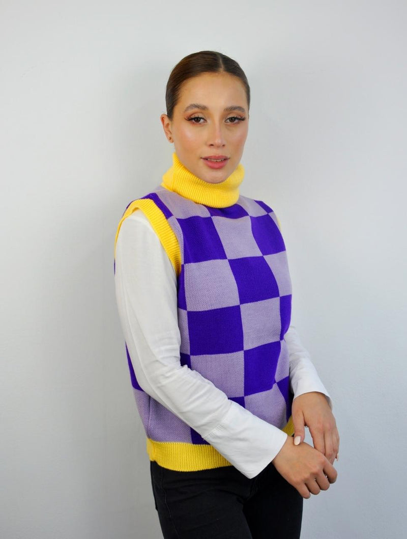 Chaleco para Mujer Morado y Amarillo Cuello Tortuga Tejido Fino - Funky Morado y Amarillo