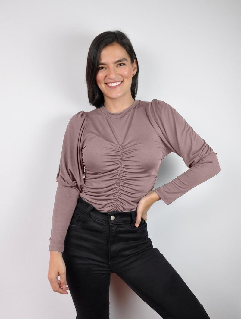 Blusa Cuello Medio Alto, Manga Bombacha Larga - Liz Cocoa