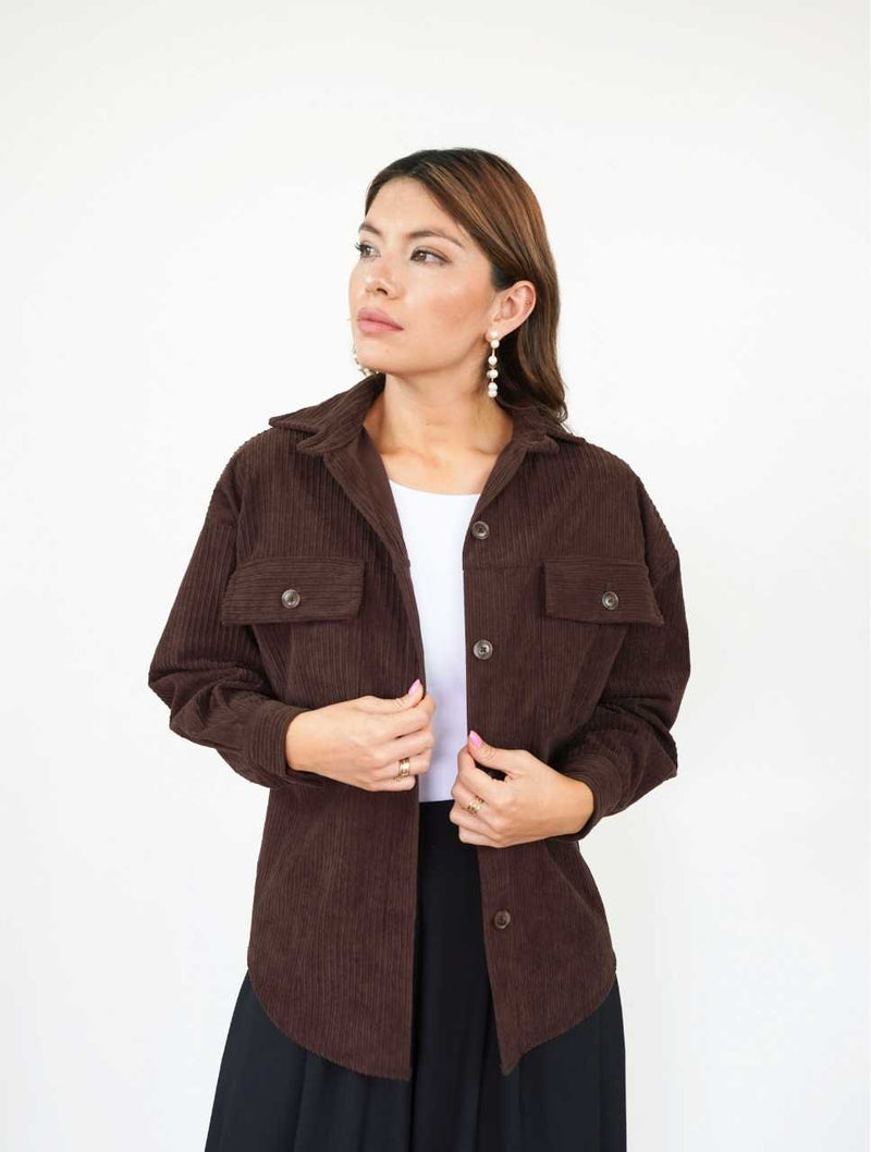 Chaqueta para Mujer Café Oscuro Textura Acanalada Larga - Montblanc Café Oscuro