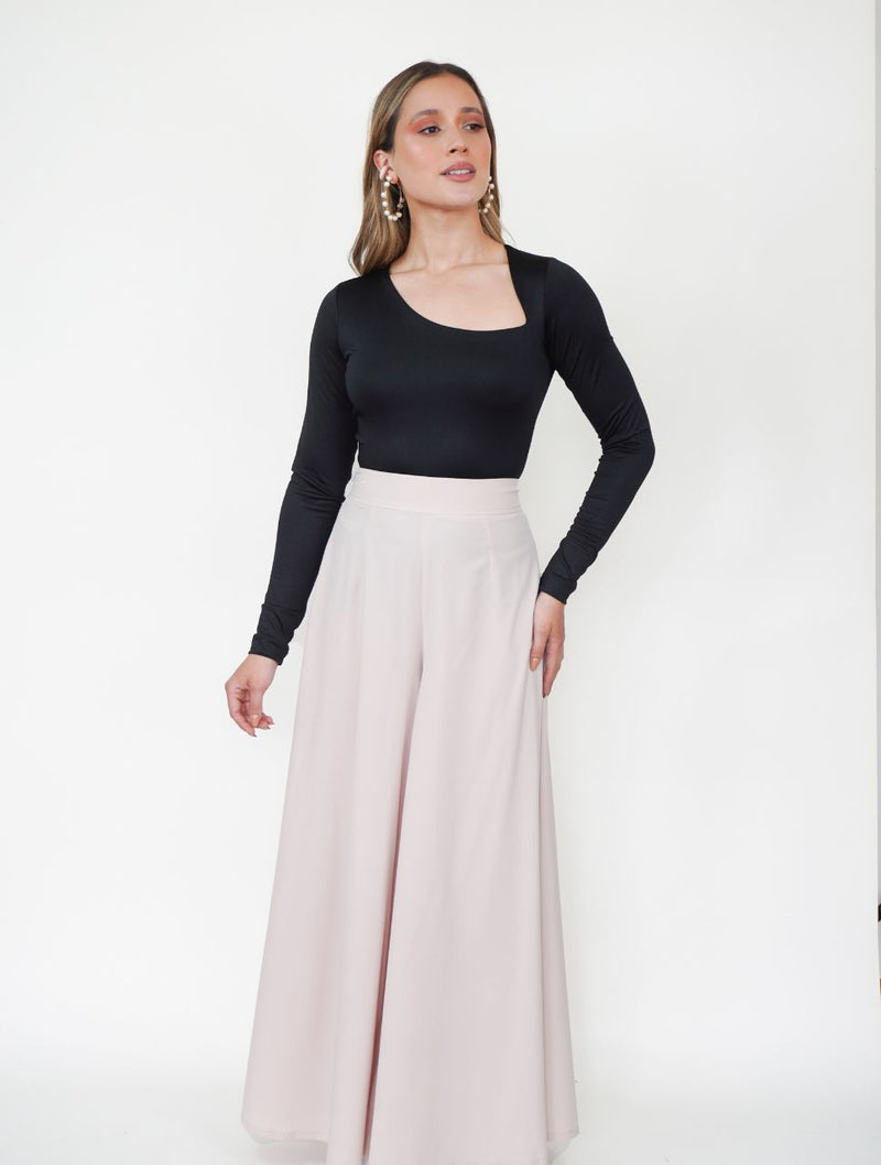 Pantalón para Mujer Negro Tipo Palazzo Tiro Alto Con Cremallera Lateral - Malibu Negro